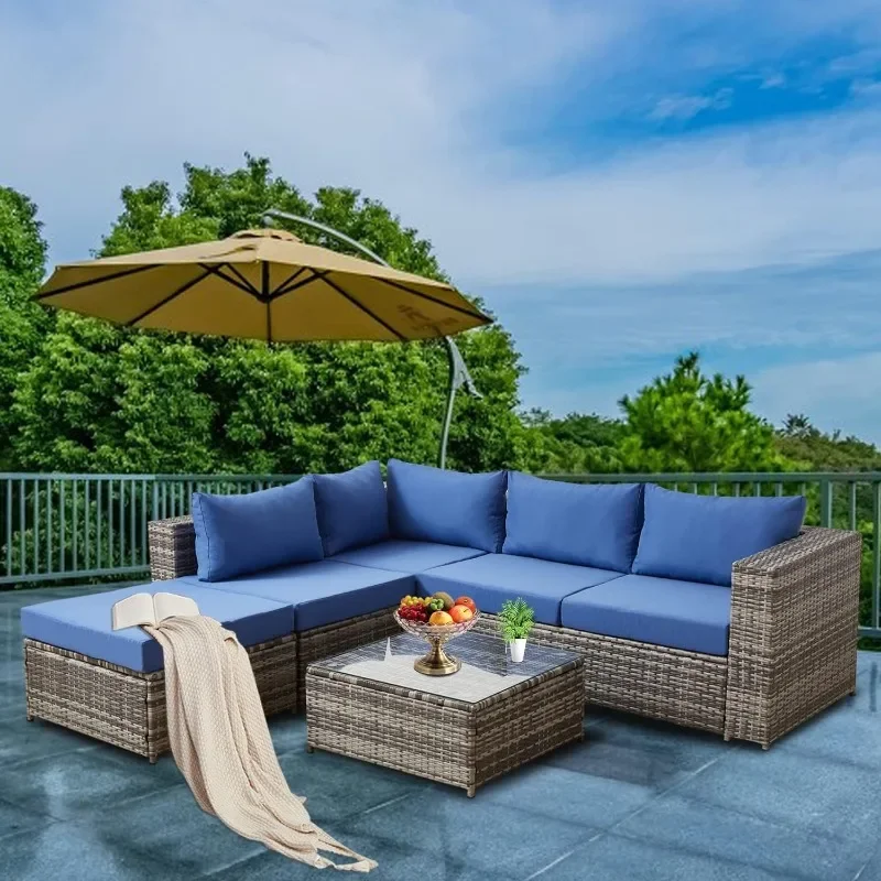 Wicker Patio Furniture Conversation Sets with Cushions, 5-Seater Small Outdoor Sectional Sofa Chaises Longues, Blue/Grey
Wicker Patio Furniture Conversation Sets with Cushions, 5-Seater Small Outdoor Sectional Sofa Chaises Longues, Blue/Grey