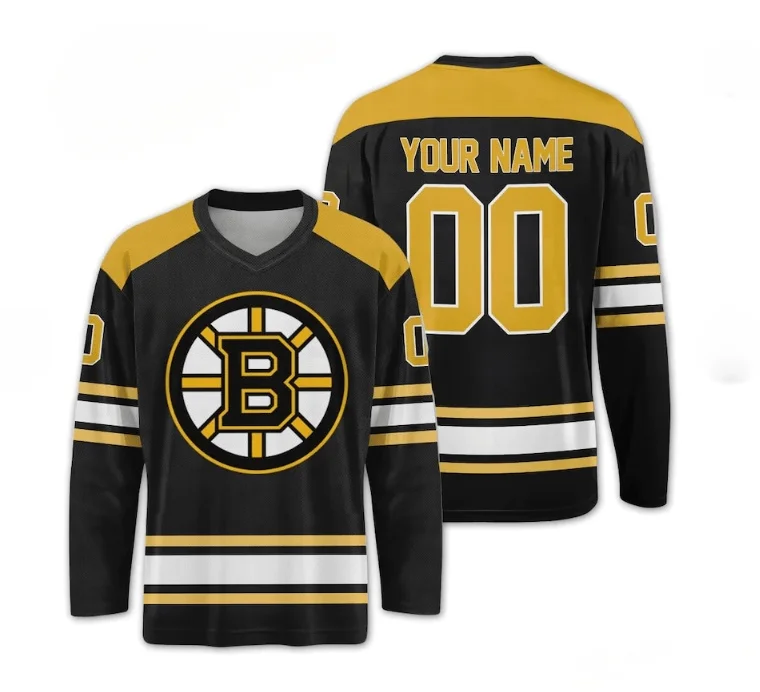 Хоккейная майка - черная с желтыми и белыми вставками. Классический логотип "B". Фирменный полосатый дизайн. Спортивная одежда. 3D-печать.
Хоккейная майка - черная с желтыми и белыми вставками. Классический логотип "B". Фирменный полосатый дизайн. Спортивная одежда. 3D-печать.