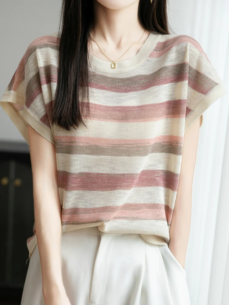 Slimming Effect Bamboo Rayon Gradient Stripe Knitted Short Sleeve T-Shirt Women's Summer Thin Loose Fit Top Small Flying Slee...
Slimming Effect Bamboo Rayon Gradient Stripe Knitted Short Sleeve T-Shirt Women's Summer Thin Loose Fit Top Small Flying Slee...