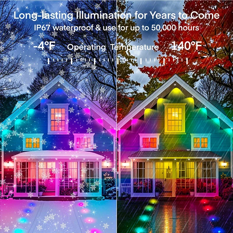 RGB Eaves LED Lights Permanent Outdoor Waterproof IP68 Smart Bluetooth APP 15M-90M LED String for Wedding Party Patio Decor
RGB Eaves LED Lights Permanent Outdoor Waterproof IP68 Smart Bluetooth APP 15M-90M LED String for Wedding Party Patio Decor