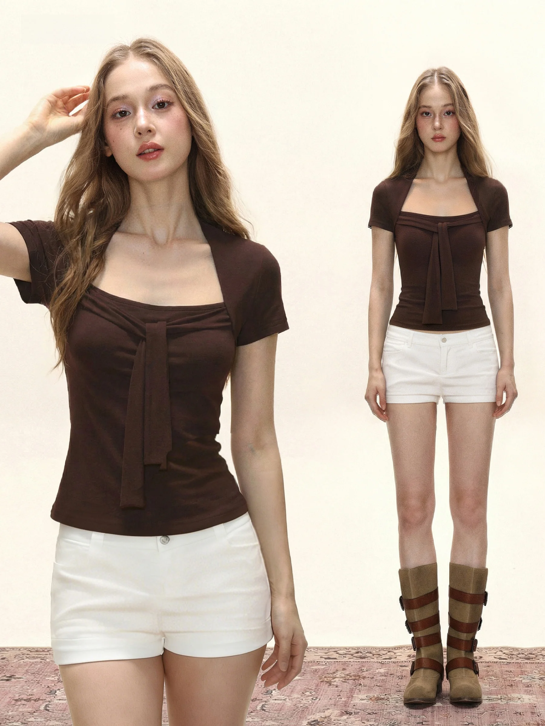 American Style Tie-Detail Square Neck Short Sleeve Slim Fit T-Shirt Women's Summer Design Sexy Girl Inner Waist Shaping Slimm...
American Style Tie-Detail Square Neck Short Sleeve Slim Fit T-Shirt Women's Summer Design Sexy Girl Inner Waist Shaping Slimm...