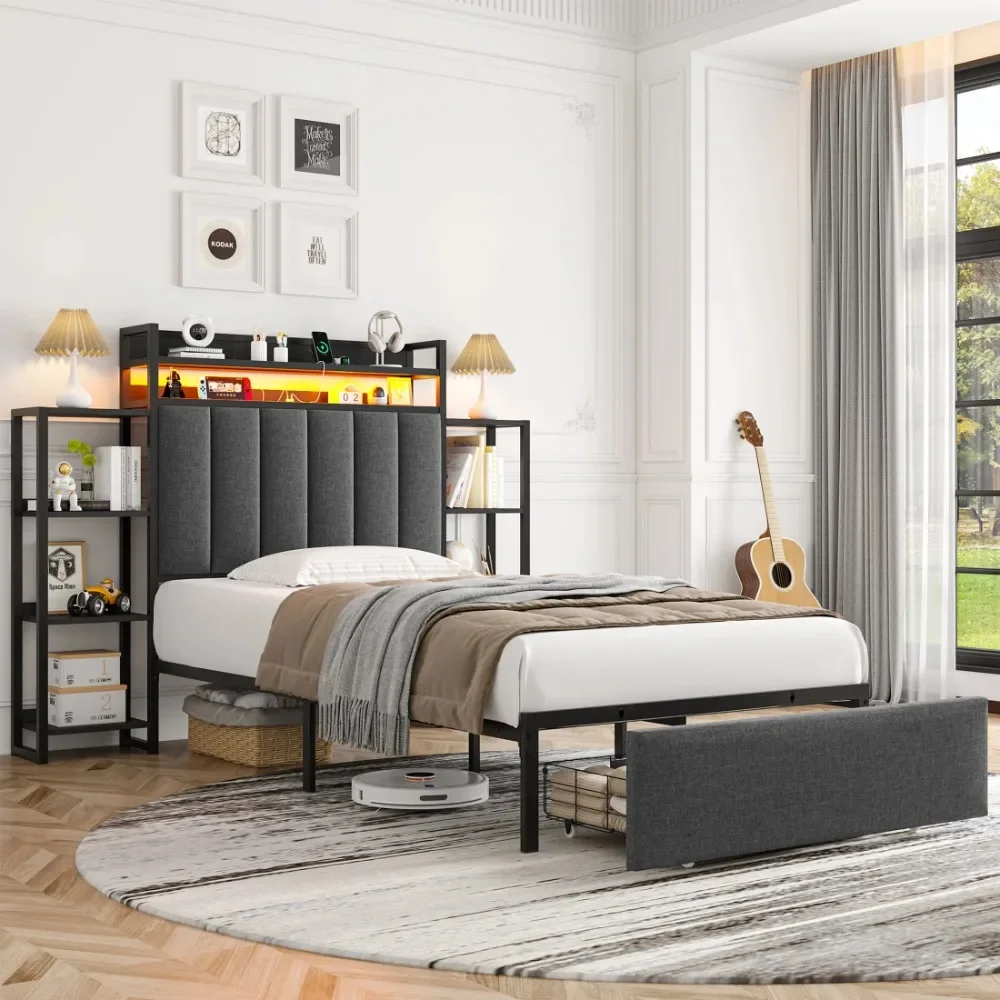Twin Metal Bed Frame with Drawer and LED Lights, Modern Platform Bed with Charging Station and Side Shelves, Linen Dark Gray
Twin Metal Bed Frame with Drawer and LED Lights, Modern Platform Bed with Charging Station and Side Shelves, Linen Dark Gray