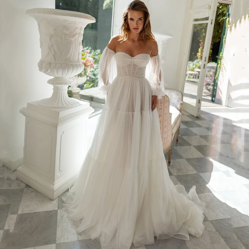 Customized Elegant A Line Wedding Dresses Sweetheart Detachable Sleeve Pearl Bride Dress Tulle Lace Up Bridal Gowns New Vestidos
Customized Elegant A Line Wedding Dresses Sweetheart Detachable Sleeve Pearl Bride Dress Tulle Lace Up Bridal Gowns New Vestidos
