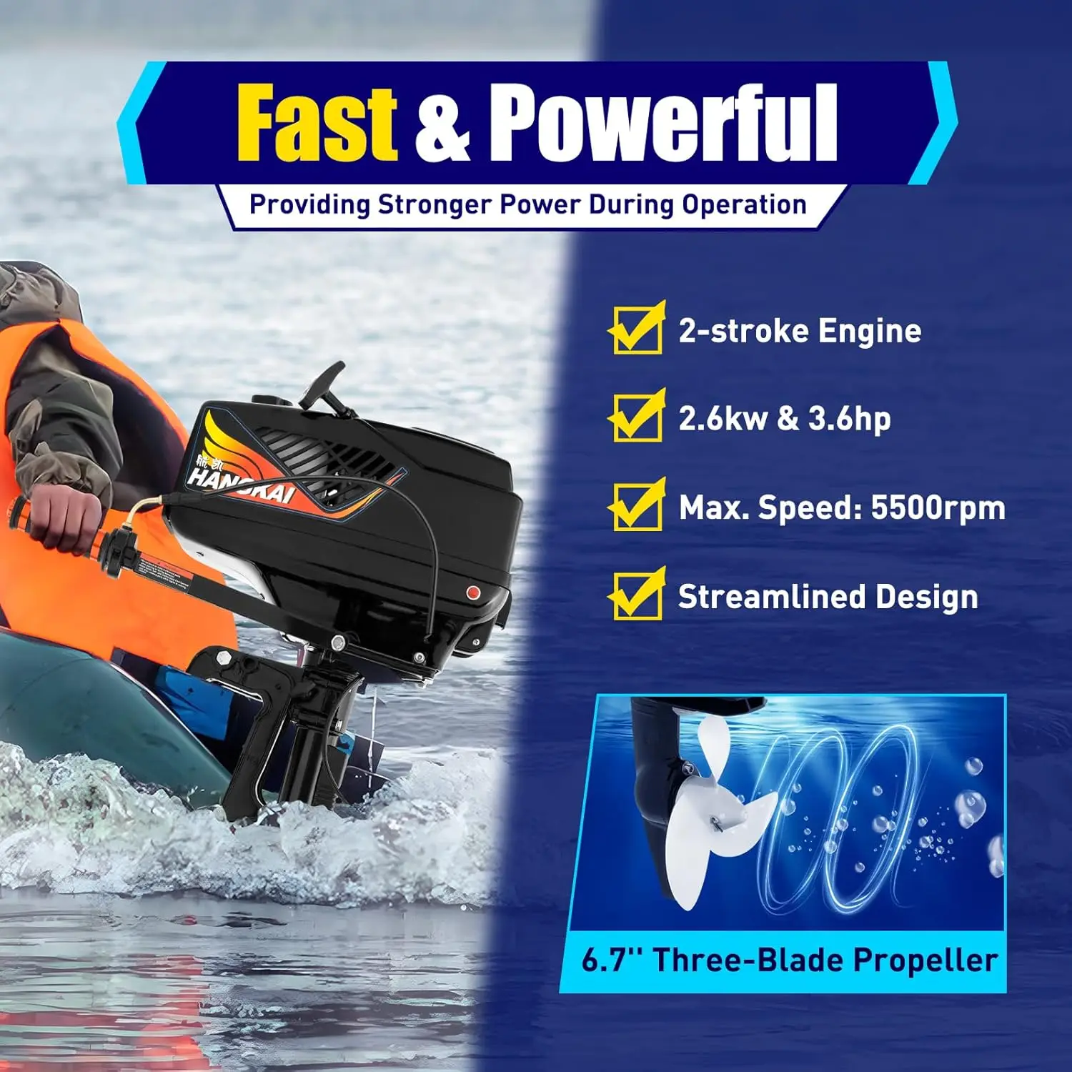 3.6HP Outboard Petrol Engine Lightweight 2-Stroke Boat Engine (55cc) for Inflatable Boats & Kayaks with CDI Ignition, Water Cooling & 360° Steering, Includes Tank, Tools & Accessories
3.6HP Outboard Petrol Engine Lightweight 2-Stroke Boat Engine (55cc) for Inflatable Boats & Kayaks with CDI Ignition, Water Cooling & 360° Steering, Includes Tank, Tools & Accessories