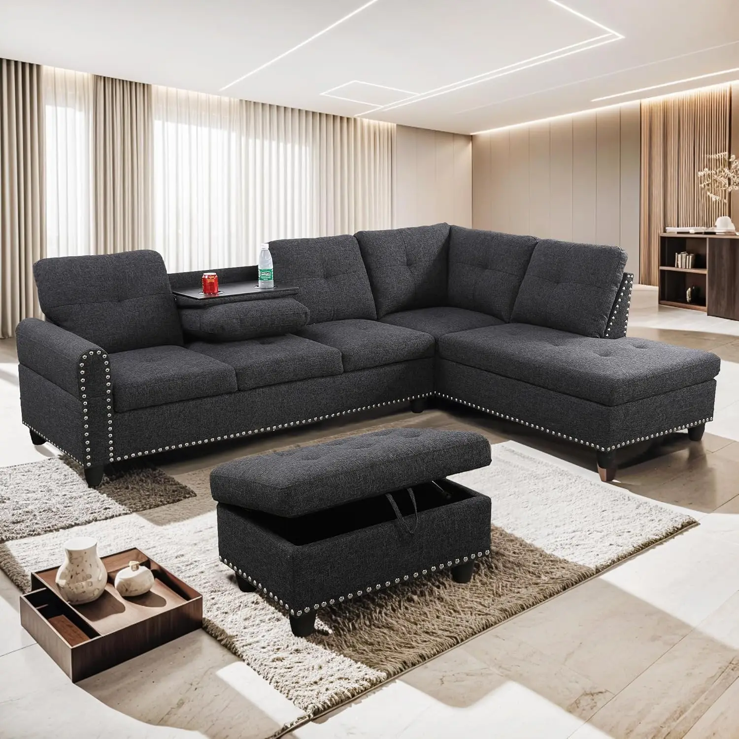 98" W Sectional Sofa Couch with Storage Ottoman & Cup Holder, L Shaped Living Room Furniture Set with Willow Nail Trim Backrests
98" W Sectional Sofa Couch with Storage Ottoman & Cup Holder, L Shaped Living Room Furniture Set with Willow Nail Trim Backrests