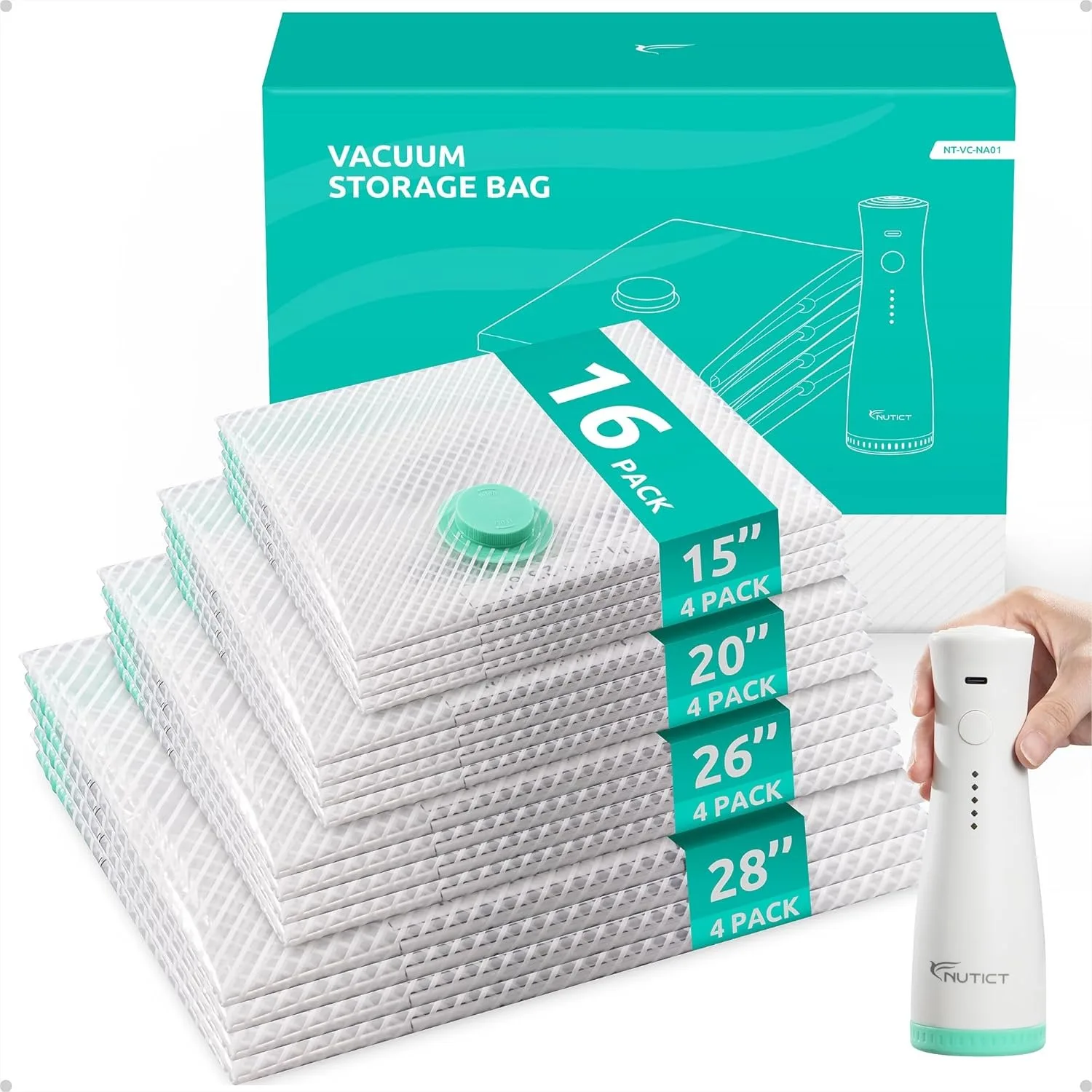 Vacuum Storage Bags with Rechargeable Air Pump, 16 Pack Compression Space Saver for Travel & Luggage
Vacuum Storage Bags with Rechargeable Air Pump, 16 Pack Compression Space Saver for Travel & Luggage