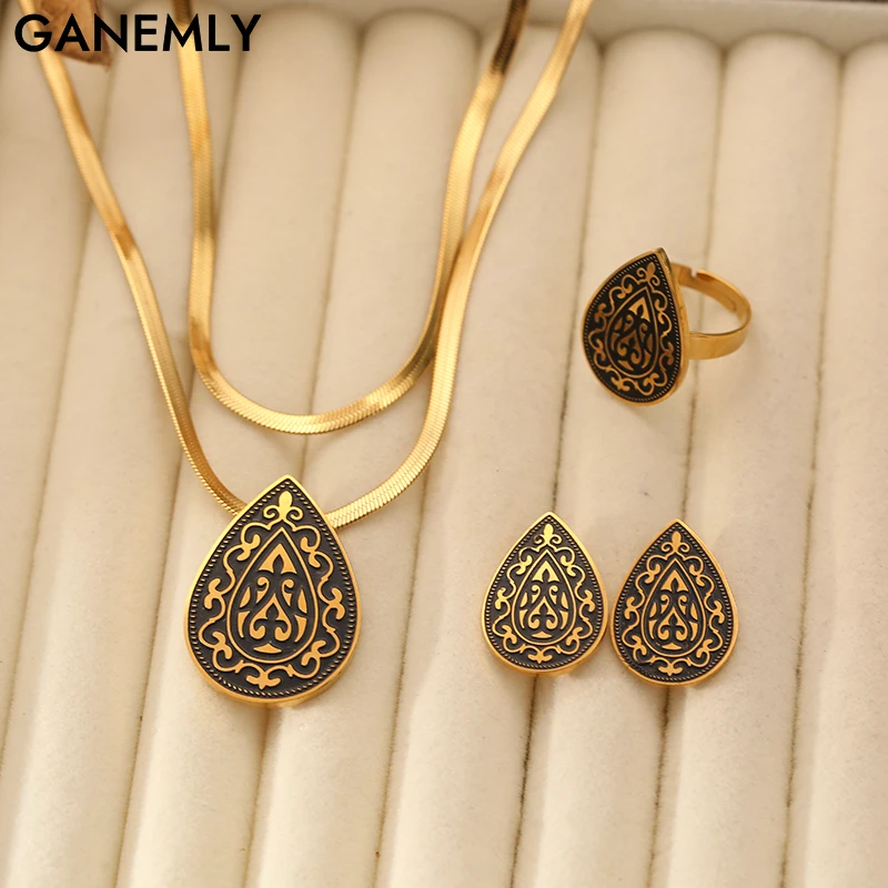 GANEMLY Stainless Steel Vintage Teardrop Shape Necklace Earrings Ring Set for Women Gold Color Waterproof High Quality Jewelry
GANEMLY Stainless Steel Vintage Teardrop Shape Necklace Earrings Ring Set for Women Gold Color Waterproof High Quality Jewelry