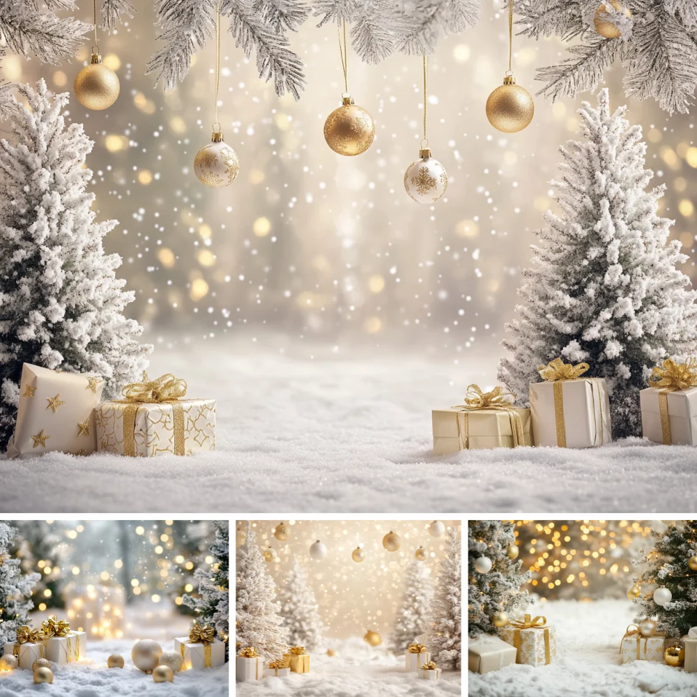 Snowy Forest Christmas Photography Backdrop Pine Tree Hanging Gold Bauble Warm Light White Gift Box Winter Shoot Background
Snowy Forest Christmas Photography Backdrop Pine Tree Hanging Gold Bauble Warm Light White Gift Box Winter Shoot Background