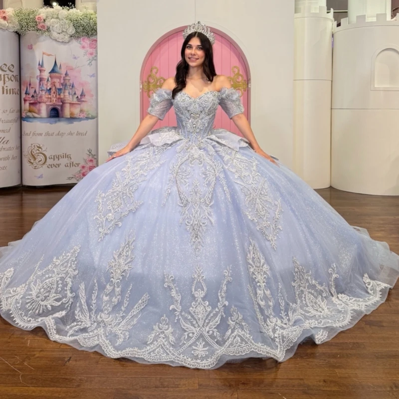 Light Blue Shiny Ball Gown Quinceanera Dresses Sequin Applique Lace Beading Crystal Bow Tiered Tull Corset Off The Shoulder Swee
Light Blue Shiny Ball Gown Quinceanera Dresses Sequin Applique Lace Beading Crystal Bow Tiered Tull Corset Off The Shoulder Swee