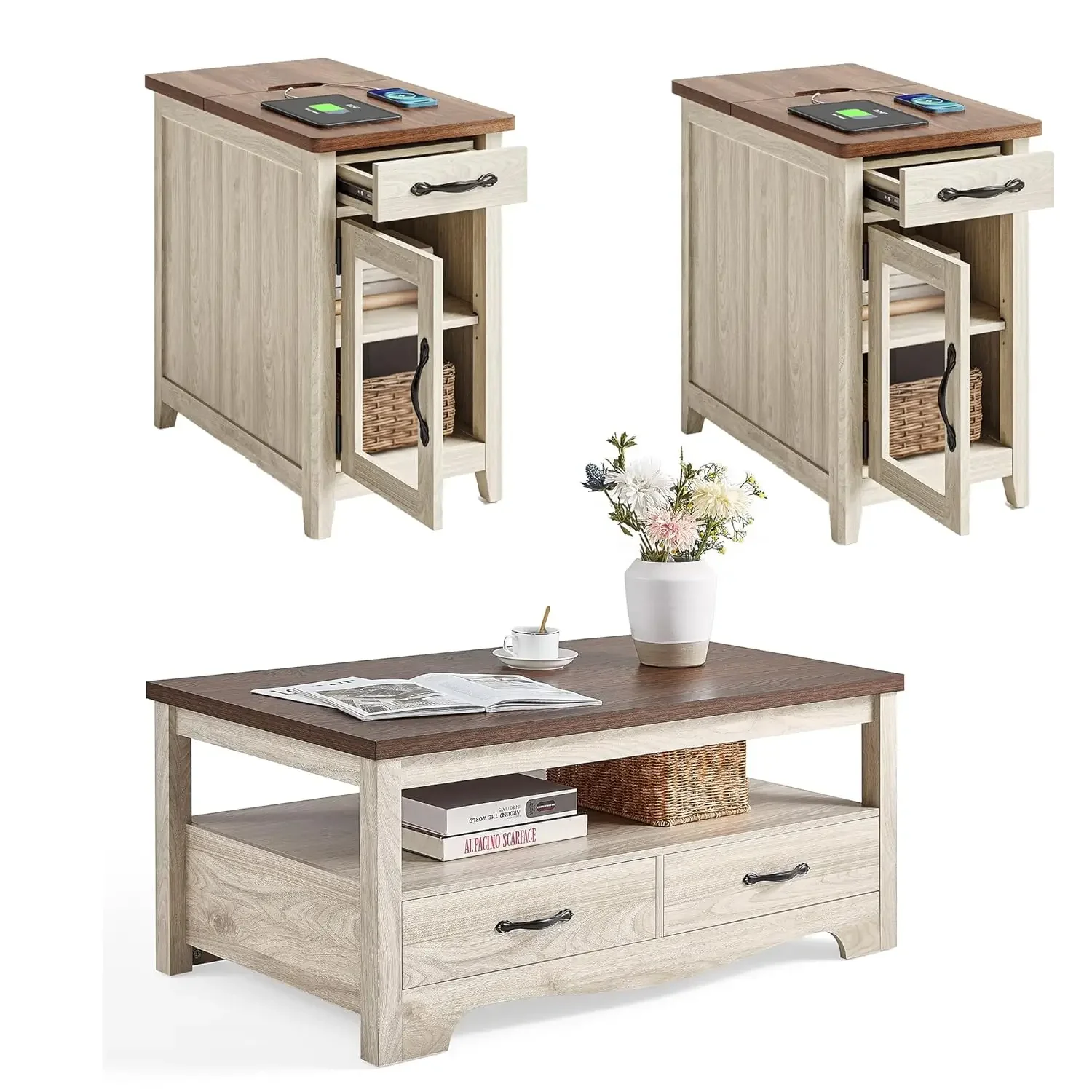 Farmhouse Coffee Table Set 3 Piece Wood Living Room Furniture Washed White Include 41" Center Table & 2 End Tables, Custom
Farmhouse Coffee Table Set 3 Piece Wood Living Room Furniture Washed White Include 41" Center Table & 2 End Tables, Custom