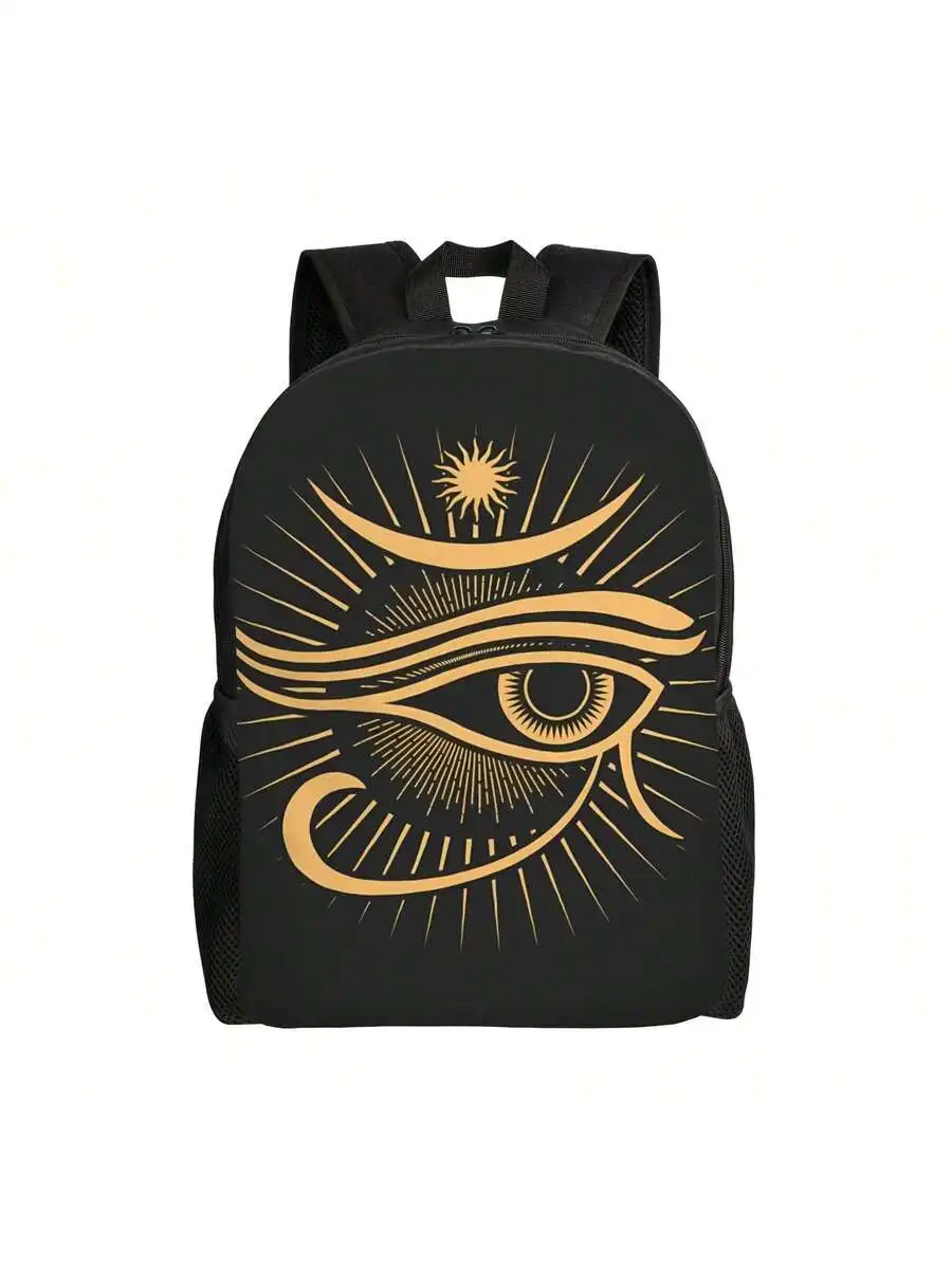 Mens Black Backpack With Golden Eye Of Horus Design, Spacious For College Office Travel
Mens Black Backpack With Golden Eye Of Horus Design, Spacious For College Office Travel