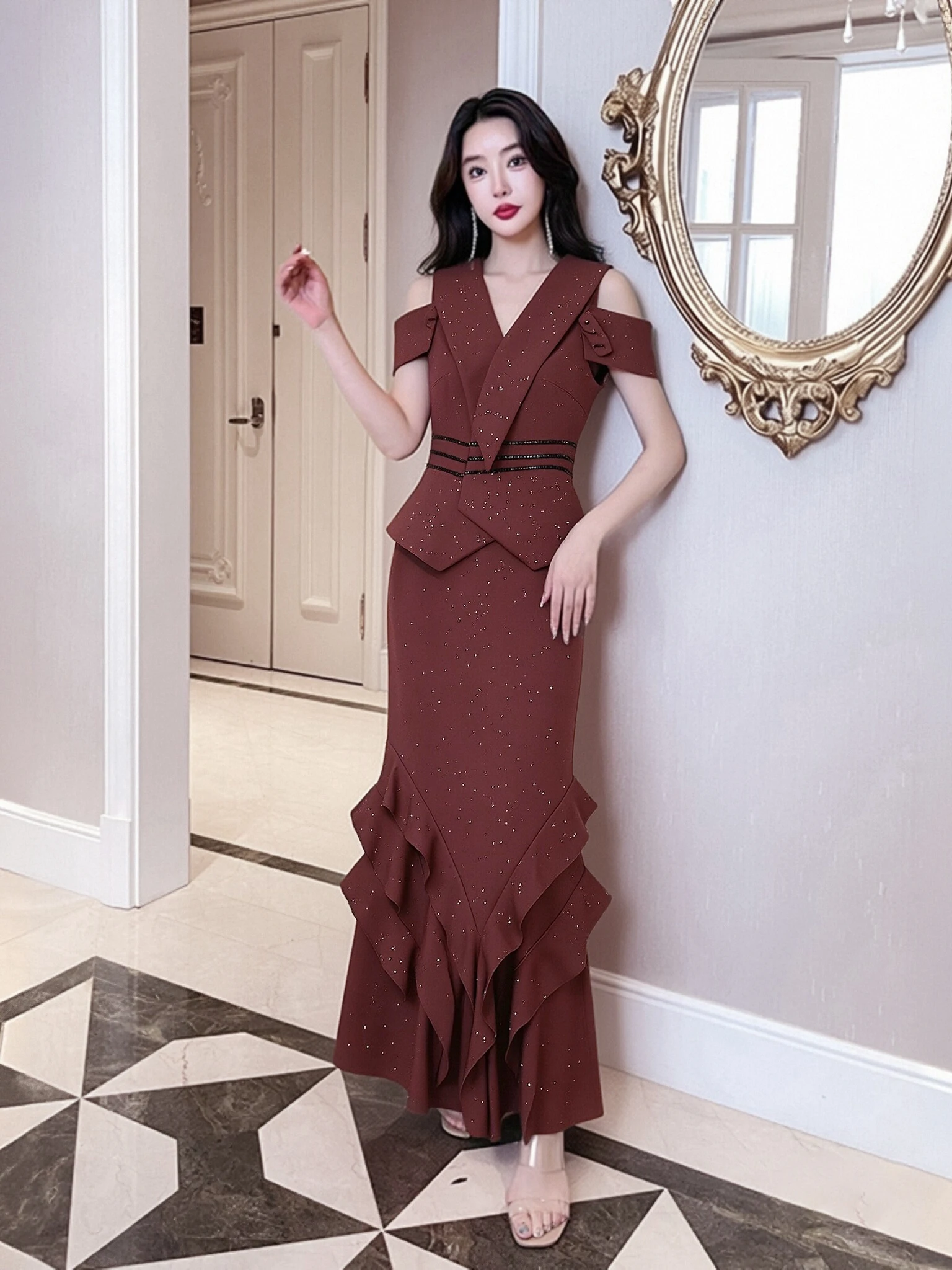 Elegant Two-Piece Summer 2026 Women's Design Shoulder-Bared Sleeve Top And Fish-Tail Skirt Set Fashionable Midi Workwear
Elegant Two-Piece Summer 2026 Women's Design Shoulder-Bared Sleeve Top And Fish-Tail Skirt Set Fashionable Midi Workwear