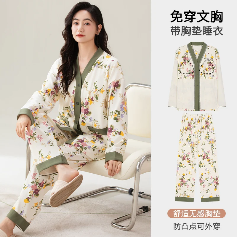 Big Size M-3XL Spring and Autumn Women knited Cotton Sleepwear With Chest Pad Female Long Sleeve Floral Pajamas Set
Big Size M-3XL Spring and Autumn Women knited Cotton Sleepwear With Chest Pad Female Long Sleeve Floral Pajamas Set