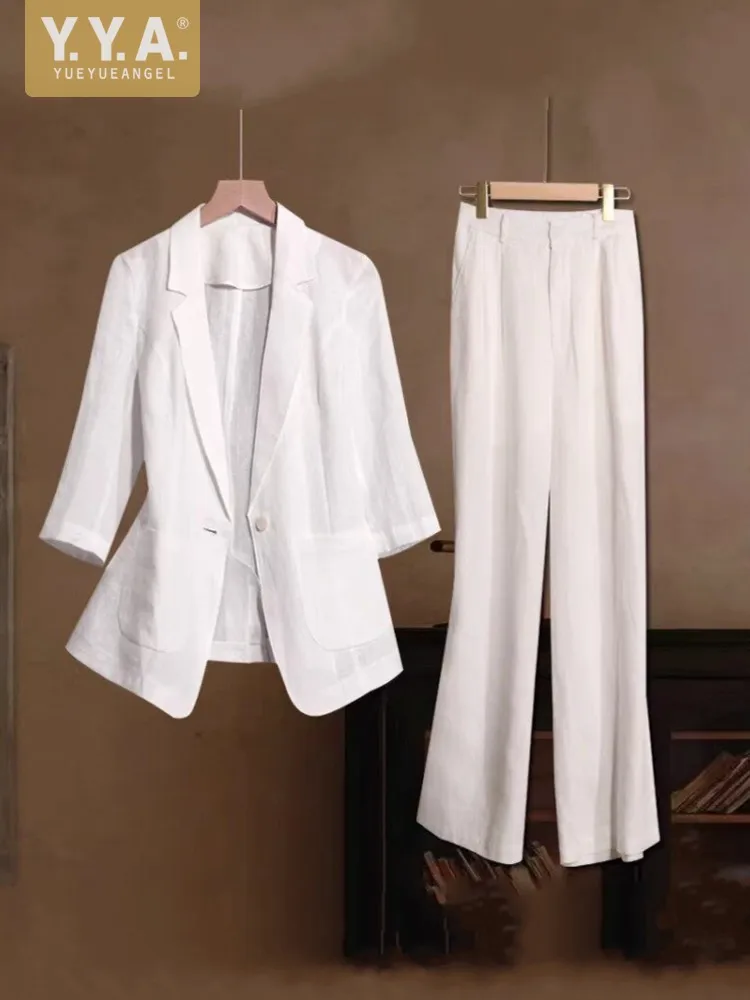 Office Ladies Work Solid Color Linen Single Button Blazer Wide Leg Pants Two Piece Set Elegant Womens Slim Fit Summer Suit Set
Office Ladies Work Solid Color Linen Single Button Blazer Wide Leg Pants Two Piece Set Elegant Womens Slim Fit Summer Suit Set