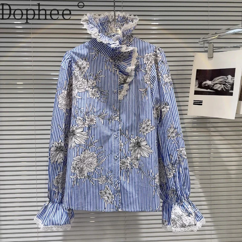 2025 New Spring Elegant Lace High Collar Casual Shirts Long Sleeve Stripes Cardigans Top Flowers Printing Loose Women Blouses
2025 New Spring Elegant Lace High Collar Casual Shirts Long Sleeve Stripes Cardigans Top Flowers Printing Loose Women Blouses