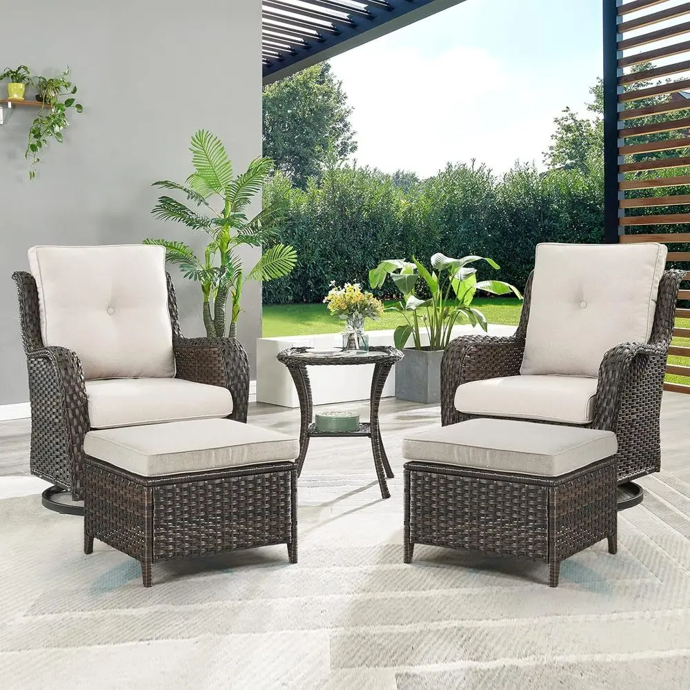 5-Piece Wicker Patio Furniture Set with 2 Rocking Swivel Chairs, 2 Ottomans, and 1 Side Table - Brown/Beige
5-Piece Wicker Patio Furniture Set with 2 Rocking Swivel Chairs, 2 Ottomans, and 1 Side Table - Brown/Beige