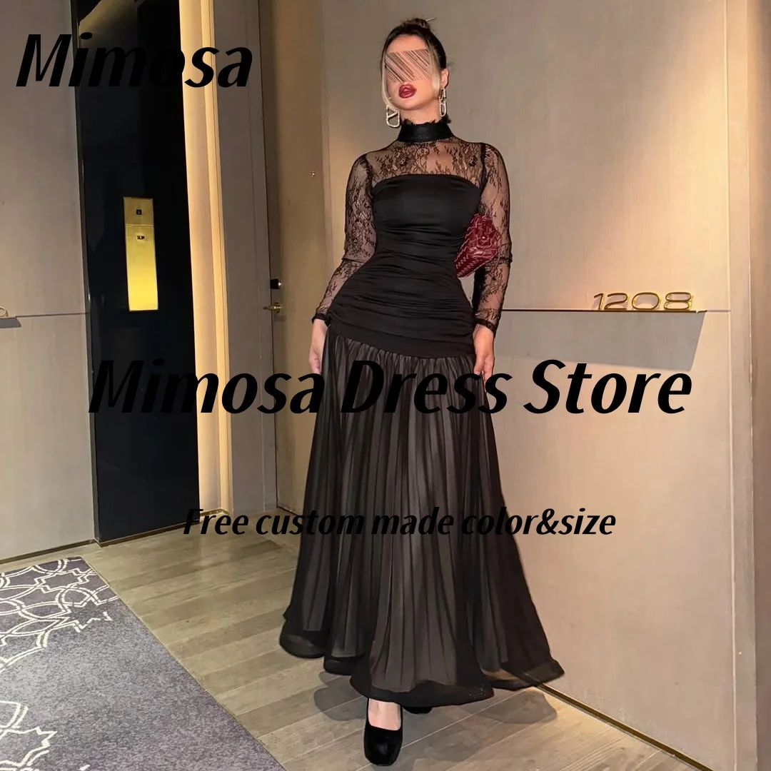 Mimosa Black Prom Dresses 2025 High Collar Lace Long Sleeves Evening Gowns Pleats Saudi Arabia Party Dress Customized
Mimosa Black Prom Dresses 2025 High Collar Lace Long Sleeves Evening Gowns Pleats Saudi Arabia Party Dress Customized