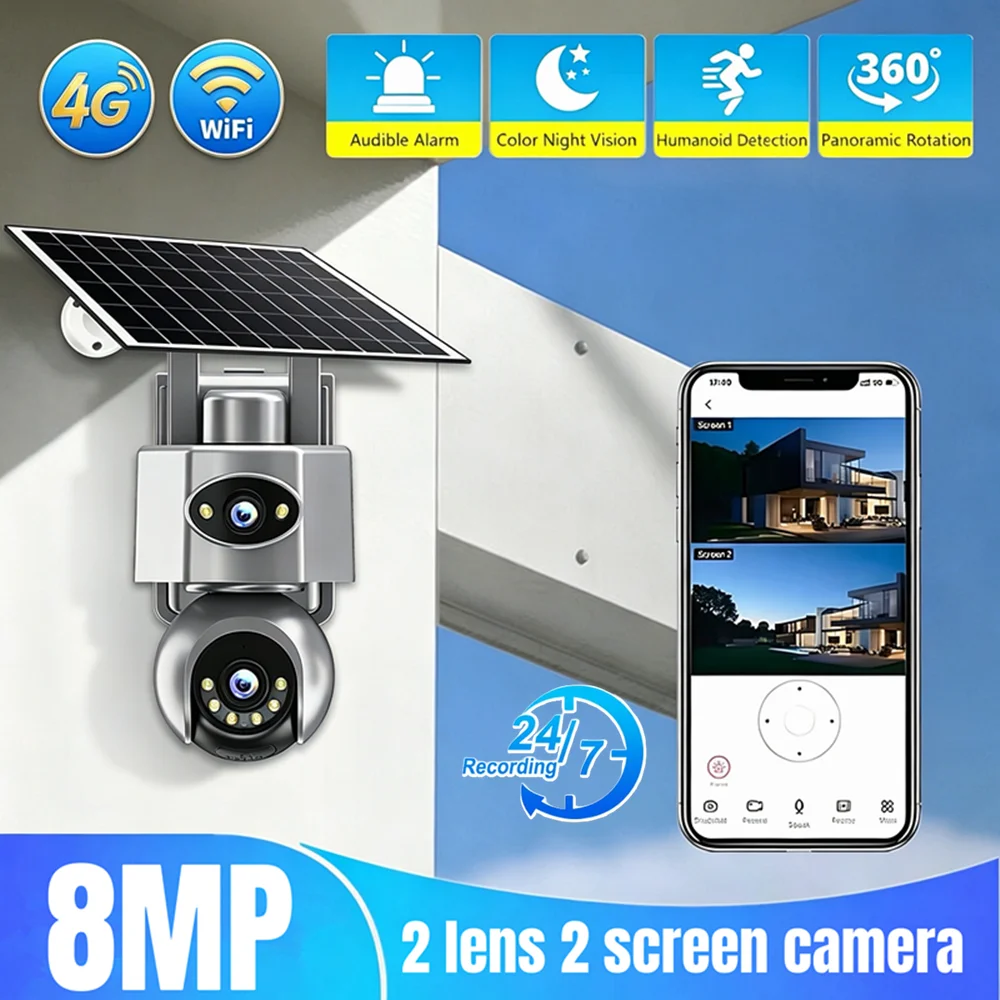 4G Solar IP Camera Dual Lens Wifi Outdoor Built-in Battery PTZ Cameras 8MP 10X Zoom Video Security System Surveillance Camera
4G Solar IP Camera Dual Lens Wifi Outdoor Built-in Battery PTZ Cameras 8MP 10X Zoom Video Security System Surveillance Camera