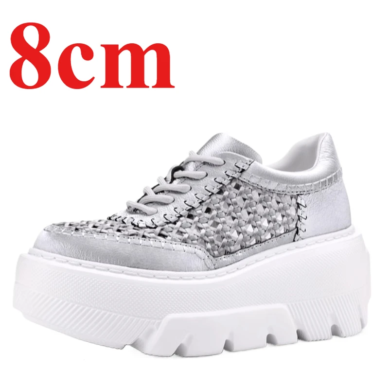 Silver Casual Sneakers Height Increasing Shoes for Women's 8cm Elevated Cowhide Woven Design Comfortable Breathable Sports Shoes
Silver Casual Sneakers Height Increasing Shoes for Women's 8cm Elevated Cowhide Woven Design Comfortable Breathable Sports Shoes