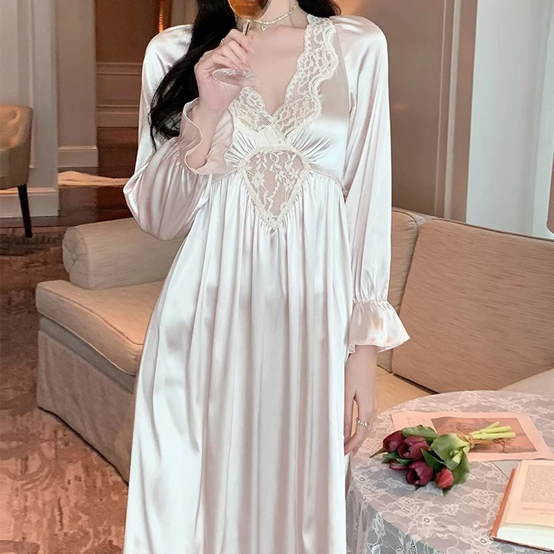 French Court Style Women Long-sleeved Nightgown Spring New Long Pullover Sexy Lace Trim Pajamas Deep V-neck Silky Sleepshirts
French Court Style Women Long-sleeved Nightgown Spring New Long Pullover Sexy Lace Trim Pajamas Deep V-neck Silky Sleepshirts