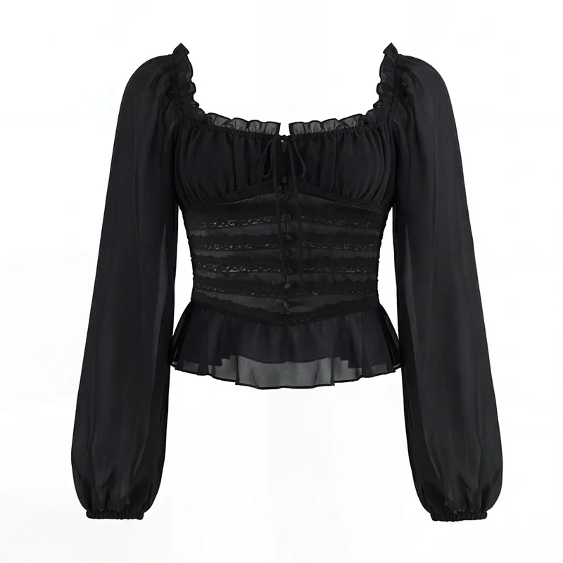 Women's Top 2026 Spring New Black Long Sleeve Square Neck Ruffle Hem Lace Decor Sexy Top Cute Fashionable Unique
Women's Top 2026 Spring New Black Long Sleeve Square Neck Ruffle Hem Lace Decor Sexy Top Cute Fashionable Unique
