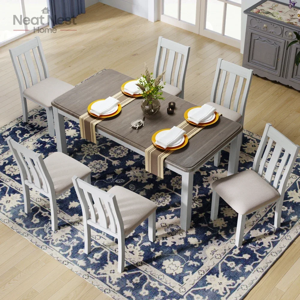 TREXM Retro Style 7-Piece Dining Table Set with Extendable Table and 6 Upholstered Chairs ,modern dining chair (Brown+White) 
TREXM Retro Style 7-Piece Dining Table Set with Extendable Table and 6 Upholstered Chairs ,modern dining chair (Brown+White)