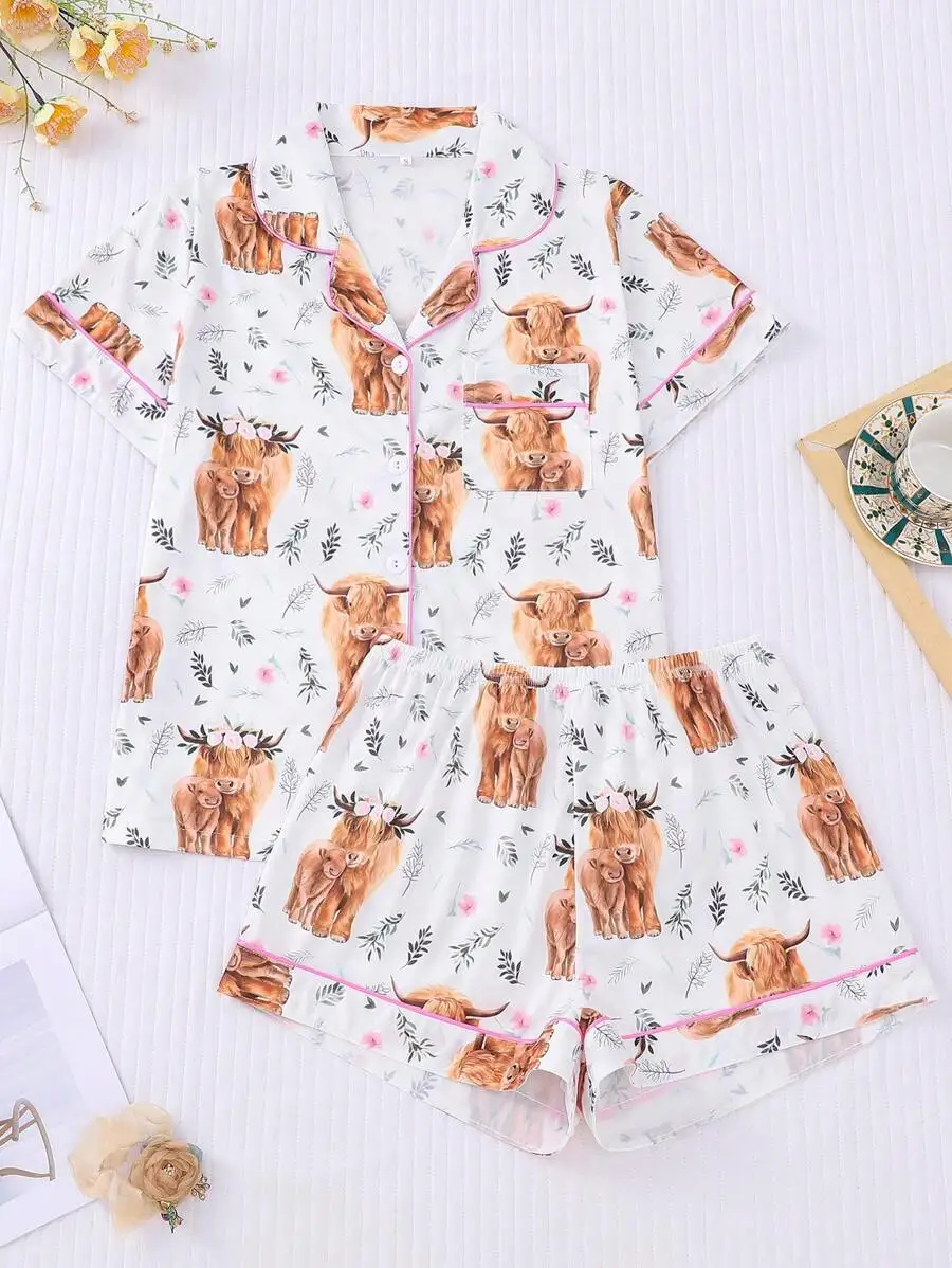 2pcs Floral And Highland Cow Print Women Pajama Set Short Sleeve Button Up Shirt With Collar Elastic Waist Shorts
2pcs Floral And Highland Cow Print Women Pajama Set Short Sleeve Button Up Shirt With Collar Elastic Waist Shorts