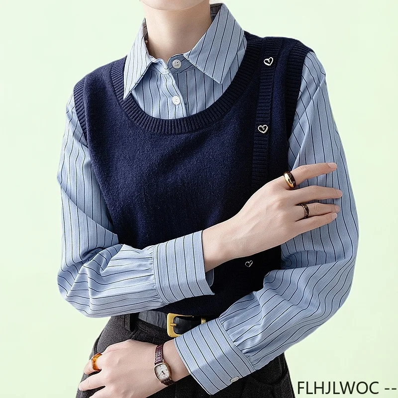 Blue Stripe Shirt Office Blouse Women Fashion Cute Preppy Style Patchwork Striped Knit Sweater Tops Fake 2-Piece Design Shirts
Blue Stripe Shirt Office Blouse Women Fashion Cute Preppy Style Patchwork Striped Knit Sweater Tops Fake 2-Piece Design Shirts