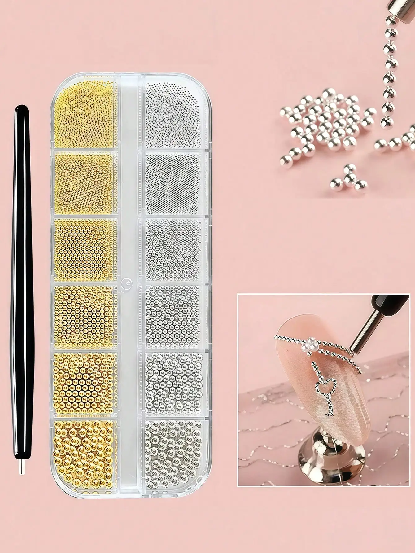 1pc Magnetic Nail Art Pen + 12 Slots Gold & Silver Metal Pendant Mini Caviar Beads & Crystal Decor. For Cat Eye/Gem Style Gel Polish. DIY Nail Art Supplies.
1pc Magnetic Nail Art Pen + 12 Slots Gold & Silver Metal Pendant Mini Caviar Beads & Crystal Decor. For Cat Eye/Gem Style Gel Polish. DIY Nail Art Supplies.