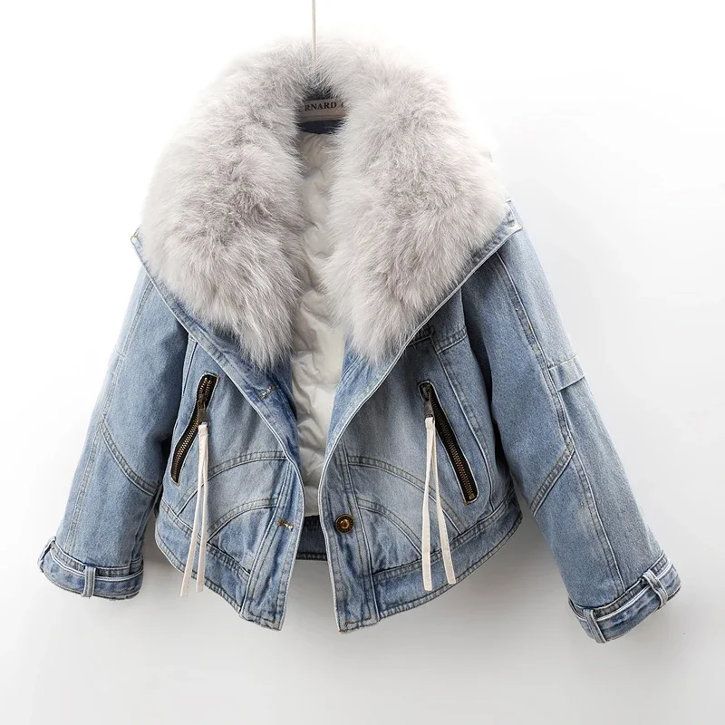 Winter Real Big Fox Fur Collar Down Cotton Liner Denim Jacket Women Cowboy Outwear Vintage Blue Loose Short Jeans Jacket Female
Winter Real Big Fox Fur Collar Down Cotton Liner Denim Jacket Women Cowboy Outwear Vintage Blue Loose Short Jeans Jacket Female