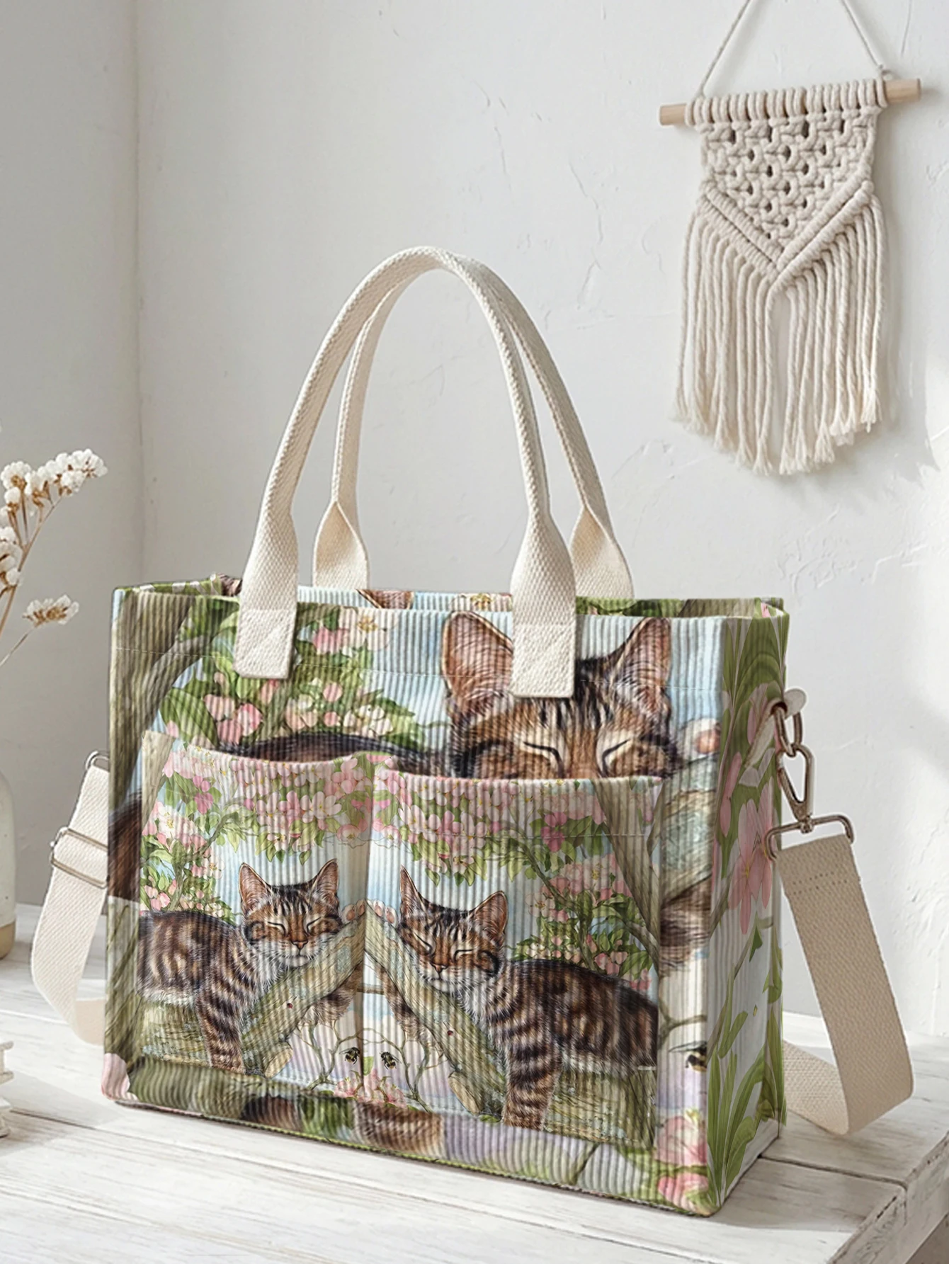 Tabby Cat & Floral Print Corduroy Tote Bag Large Capacity Multi Pocket Cat Lover Commuter Shoulder Bag
Tabby Cat & Floral Print Corduroy Tote Bag Large Capacity Multi Pocket Cat Lover Commuter Shoulder Bag