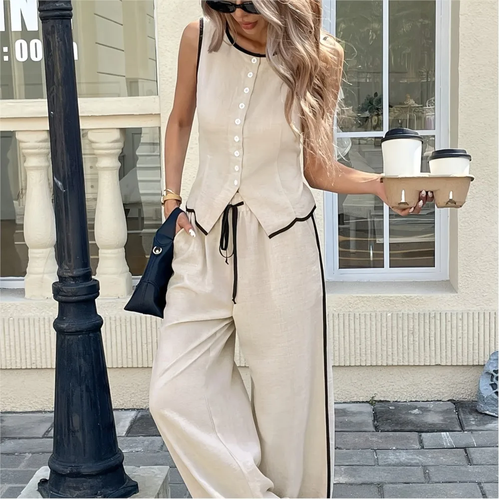 Women's Sleeveless Single Bretted Vest And Drawstring Trousers 2 Piece Set Summer Fashion Stick Loose Wide Legs Female Suit 2025
Women's Sleeveless Single Bretted Vest And Drawstring Trousers 2 Piece Set Summer Fashion Stick Loose Wide Legs Female Suit 2025