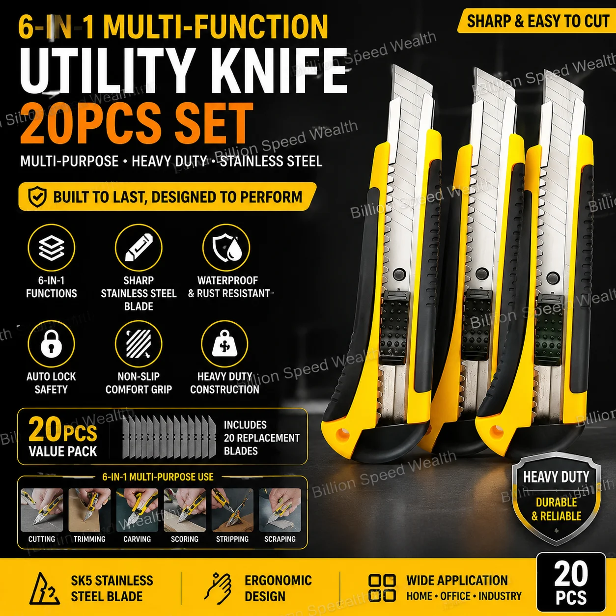 18MM Utility Knife Box Cutter 6 In 1 Mutipurpose Stainless Steel Retractable Heavy Duty Waterproof Snap off Cutter Knife 20Pcs
18MM Utility Knife Box Cutter 6 In 1 Mutipurpose Stainless Steel Retractable Heavy Duty Waterproof Snap off Cutter Knife 20Pcs