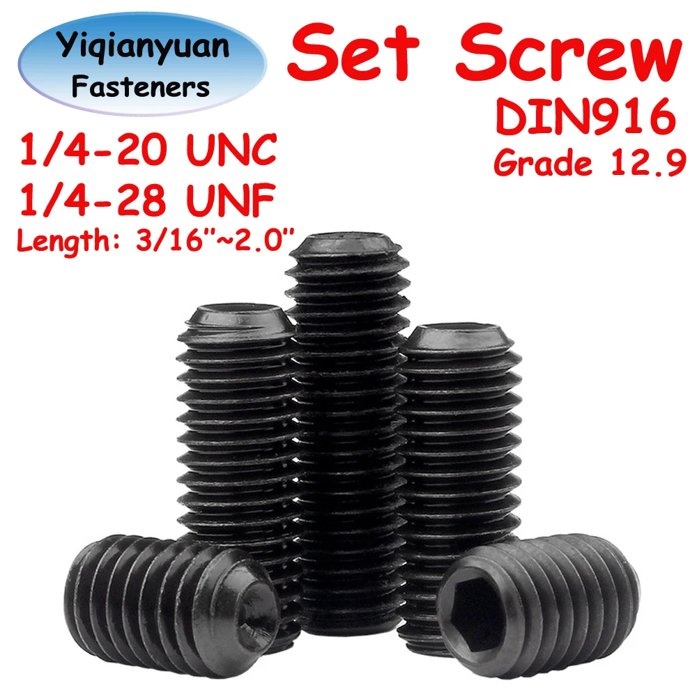 Yiqianyuan 1/4-20 UNC 1/4-28 UNF DIN916 Grade 12.9 Alloy Steel Hex Socket Set Screws with Cup Point Headless Allen Grub Bolts
Yiqianyuan 1/4-20 UNC 1/4-28 UNF DIN916 Grade 12.9 Alloy Steel Hex Socket Set Screws with Cup Point Headless Allen Grub Bolts