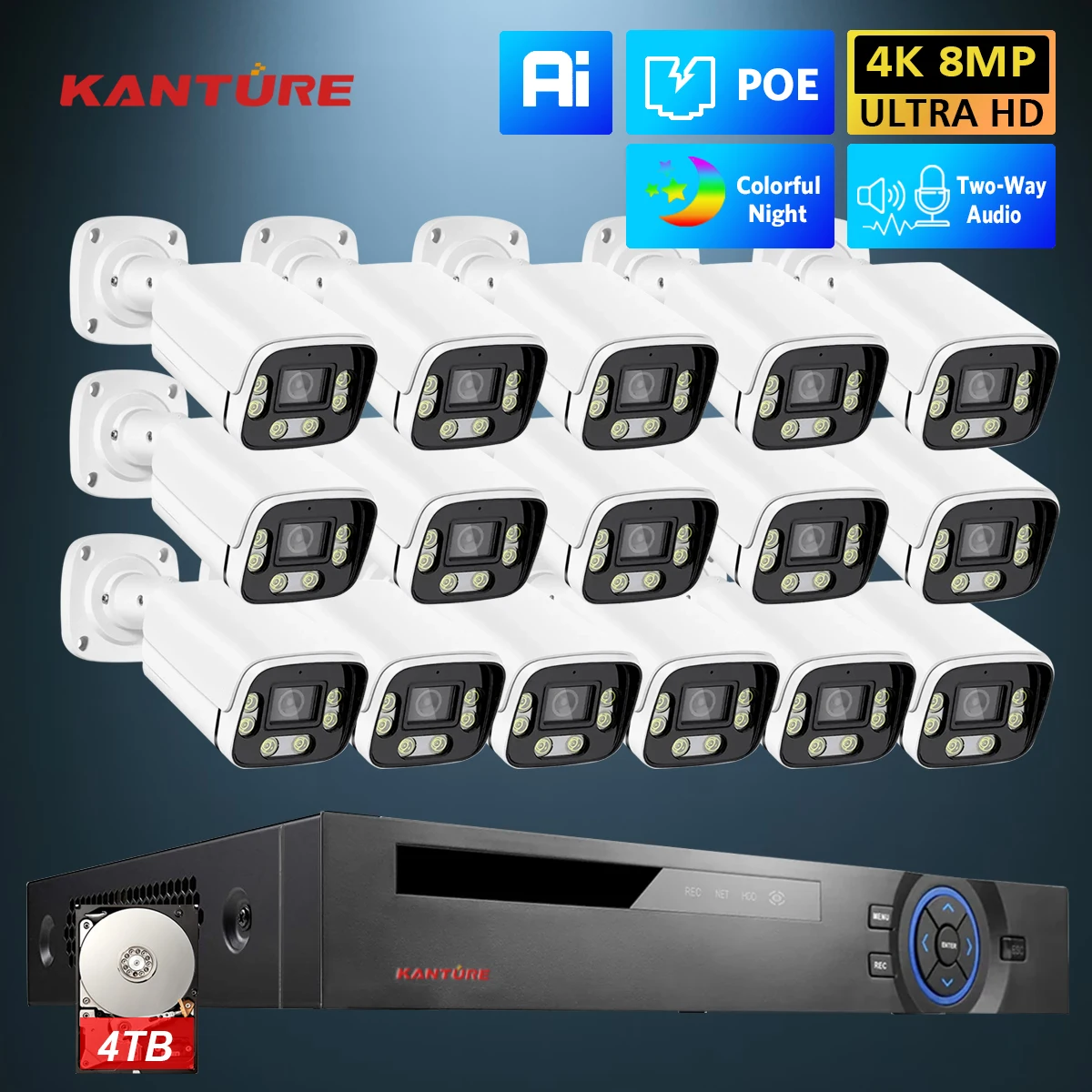 KANTURE 16CH 4K Ai Human Detection 8MP Outdoor Security Camera System Two-Way Audio Color Night Vision Video Surveillance Kit
KANTURE 16CH 4K Ai Human Detection 8MP Outdoor Security Camera System Two-Way Audio Color Night Vision Video Surveillance Kit