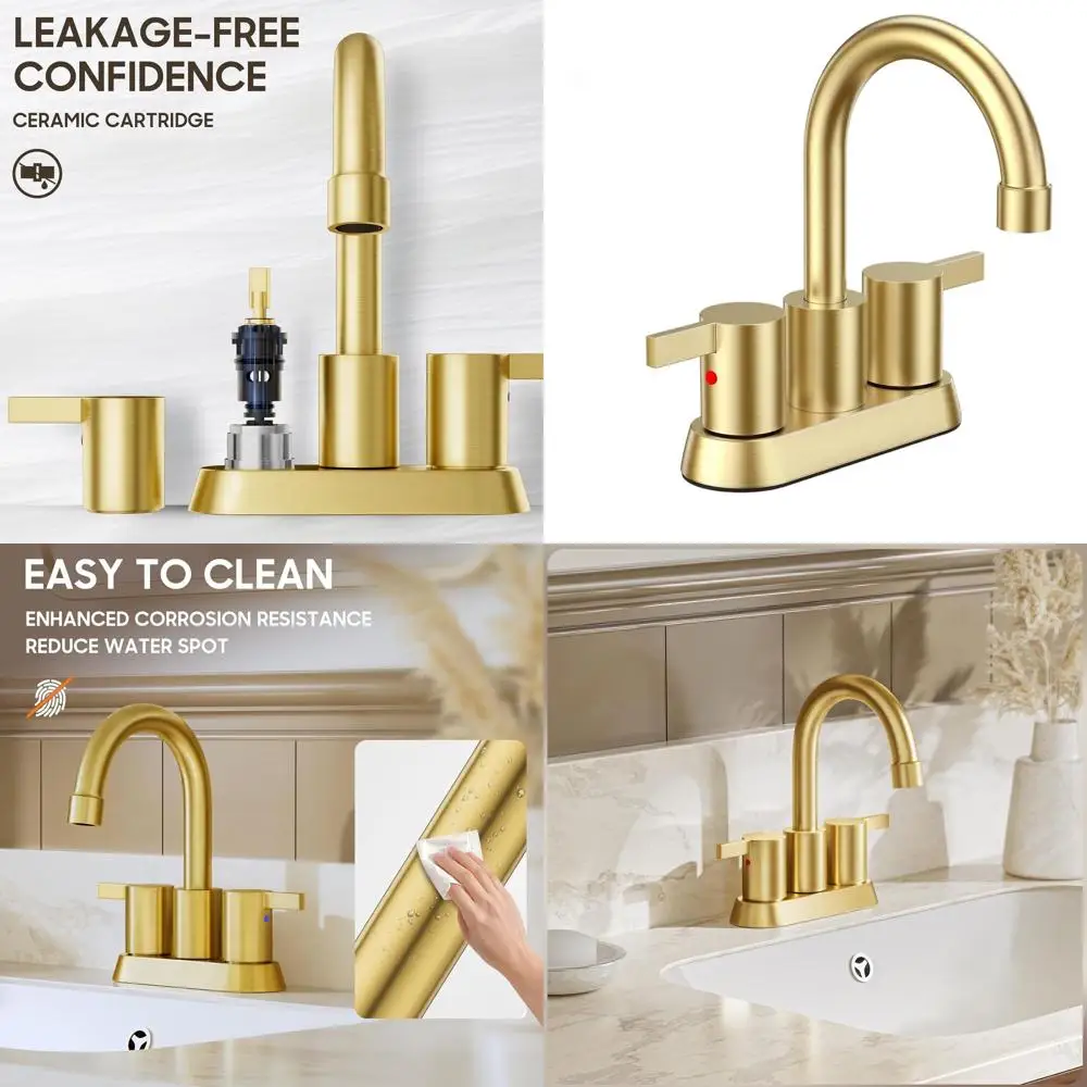 4 Inch Brushed Gold Lead-Free Dual Handle Centerset Bathroom Faucet with Swivel Spout, Copper Pop-Up Drain & Water Lines
4 Inch Brushed Gold Lead-Free Dual Handle Centerset Bathroom Faucet with Swivel Spout, Copper Pop-Up Drain & Water Lines