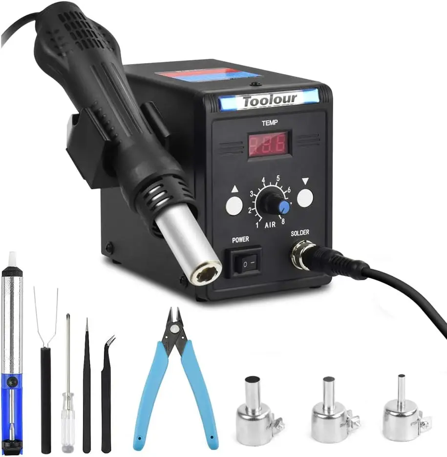 Adjustable Hot Air Rework Station with Digital Display, 110V for Electronics Repair and Desoldering
Adjustable Hot Air Rework Station with Digital Display, 110V for Electronics Repair and Desoldering