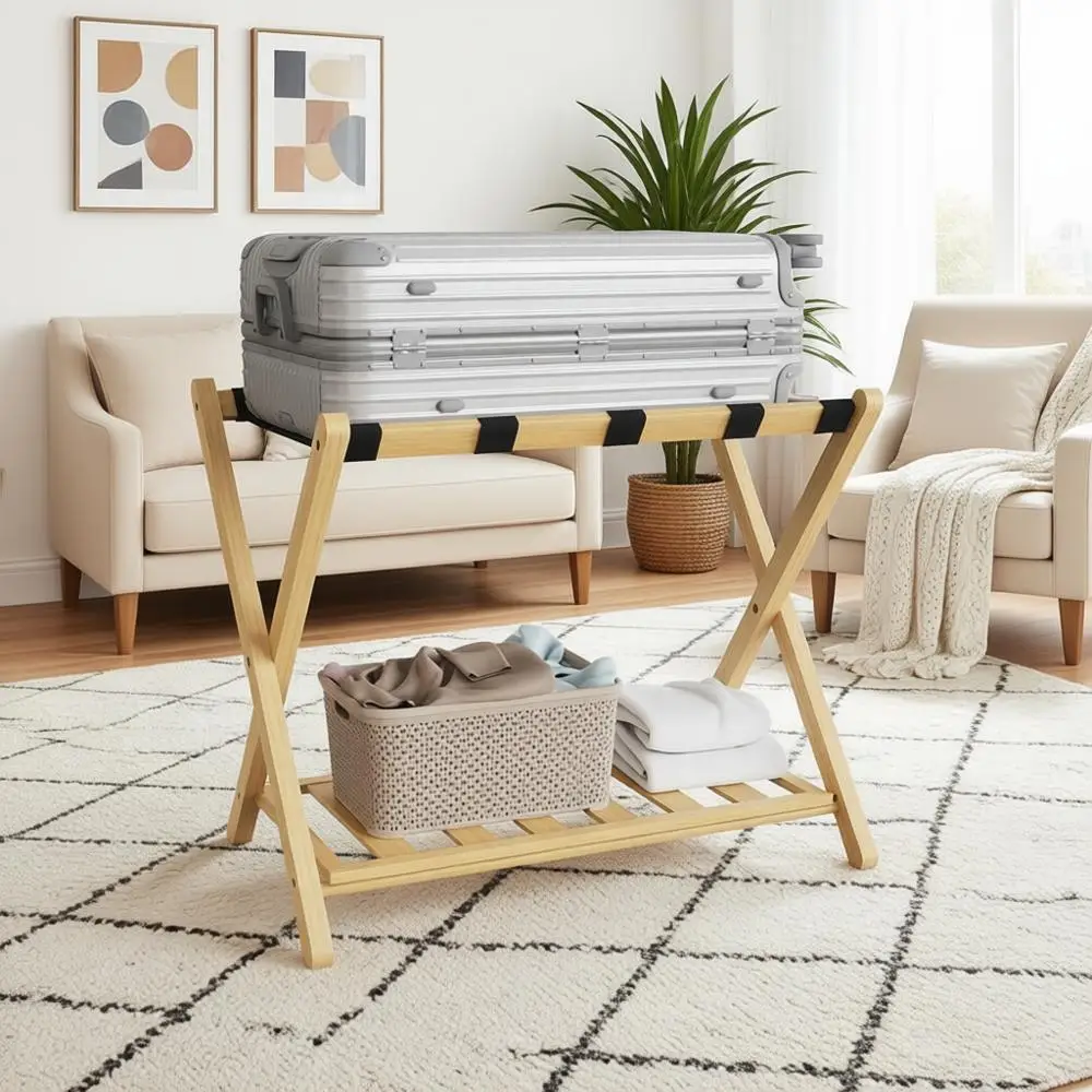 26.77 Подставка для багажа из натурального бамбука для спален и отелей - 2-уровневая стойка, выдерживает до 165 фунтов (75 кг)
26.77 Подставка для багажа из натурального бамбука для спален и отелей - 2-уровневая стойка, выдерживает до 165 фунтов (75 кг)