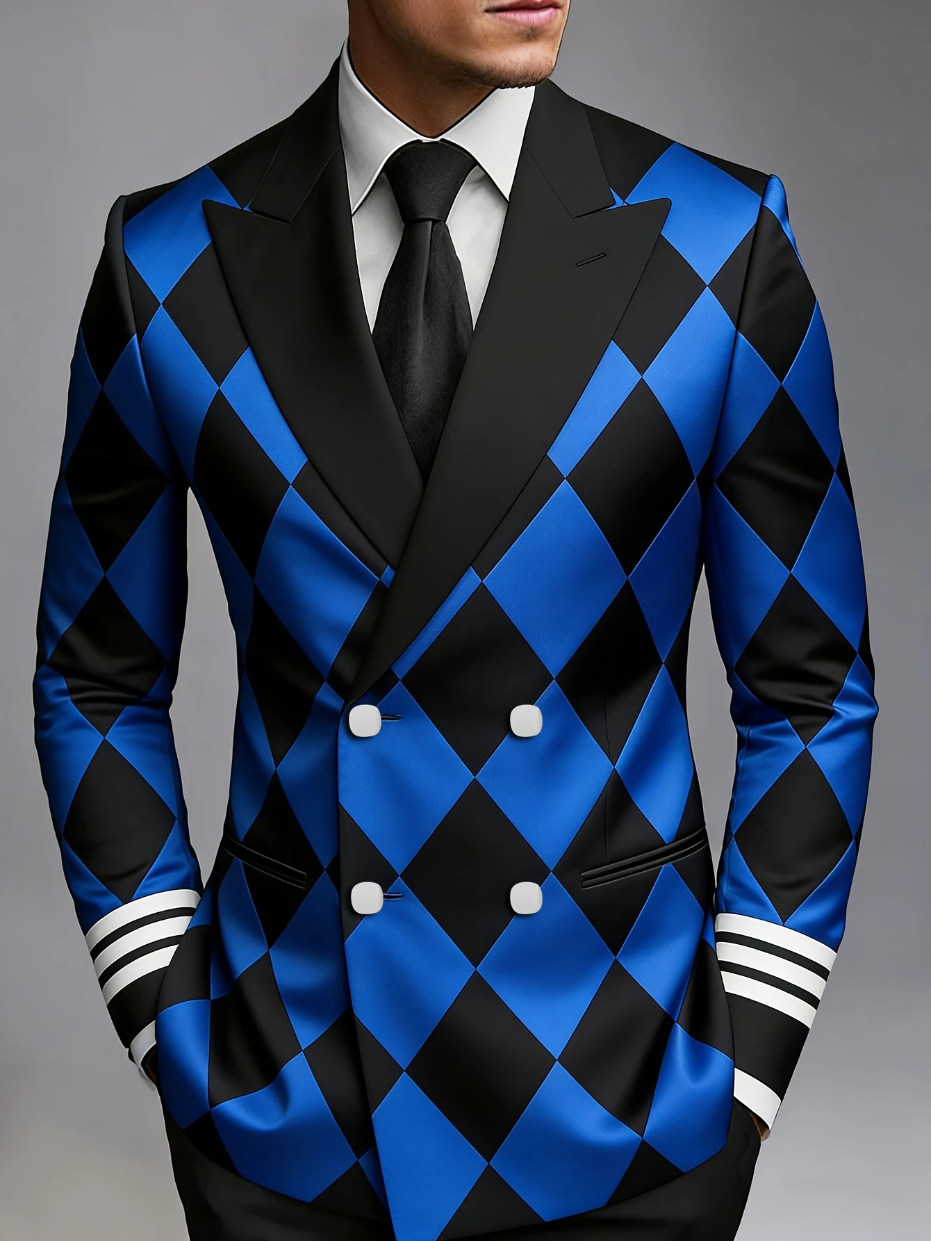 Men Blue Black Argyle Diamond Double Breasted Blazer Black Satin Lapel White Buttons Striped Cuff Slim Fit Wedding Stage Groom F
Men Blue Black Argyle Diamond Double Breasted Blazer Black Satin Lapel White Buttons Striped Cuff Slim Fit Wedding Stage Groom F