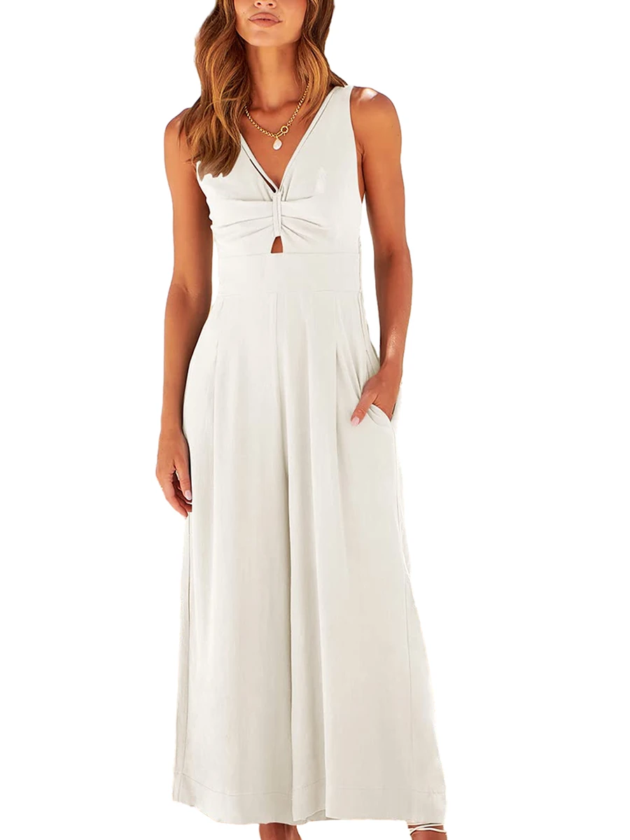 Women s Full-Length Sleeveless Jumpsuit Solid Color V-neck Front Ruched Wide Leg Romper for Summer
Women s Full-Length Sleeveless Jumpsuit Solid Color V-neck Front Ruched Wide Leg Romper for Summer