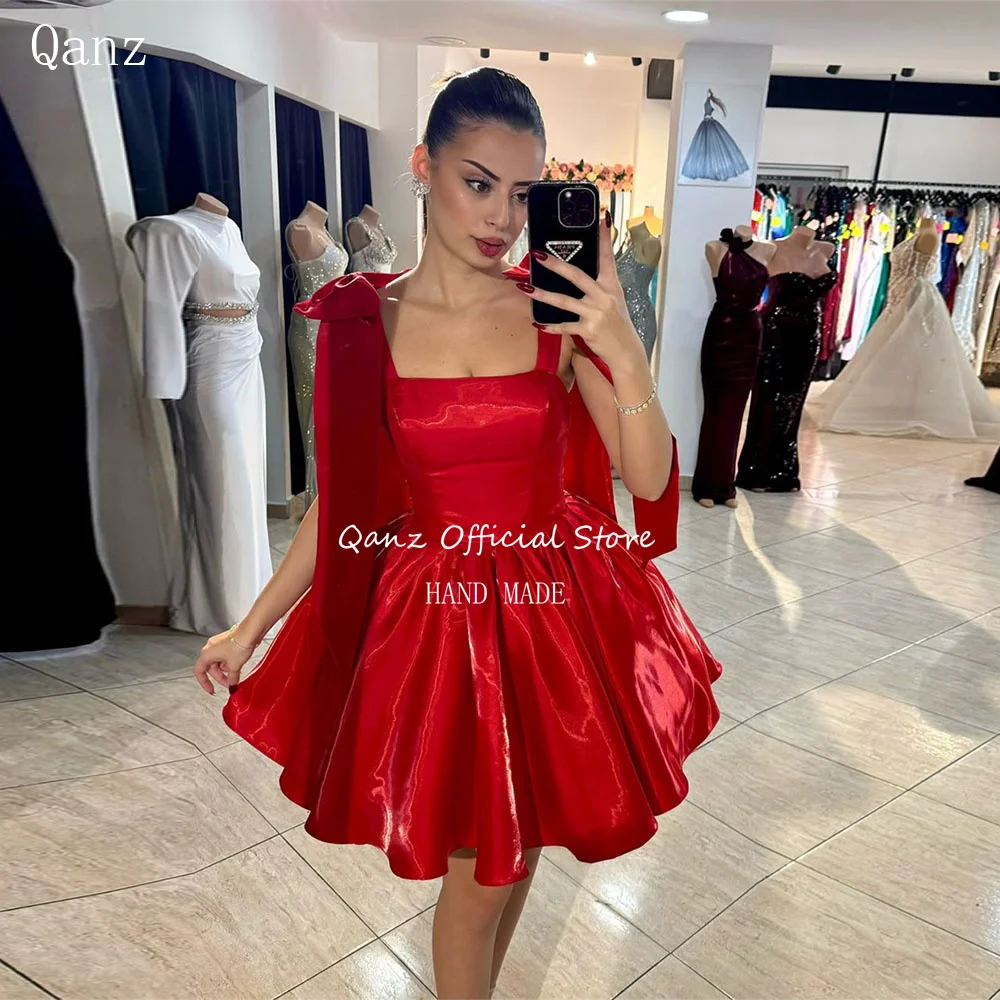 Qanz Red Shiny Satin Prom Dresses Bow Straps Lace Up Back Formal Gowns Women Elegant Short A Line Cocktail Dresses Customized
Qanz Red Shiny Satin Prom Dresses Bow Straps Lace Up Back Formal Gowns Women Elegant Short A Line Cocktail Dresses Customized