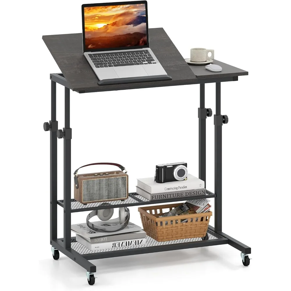 Mobile Computer Desk Cart, Height Adjustable Rolling Laptop PC Desk with Tilting Tabletop & Storage Shelves, Small Compact
Mobile Computer Desk Cart, Height Adjustable Rolling Laptop PC Desk with Tilting Tabletop & Storage Shelves, Small Compact