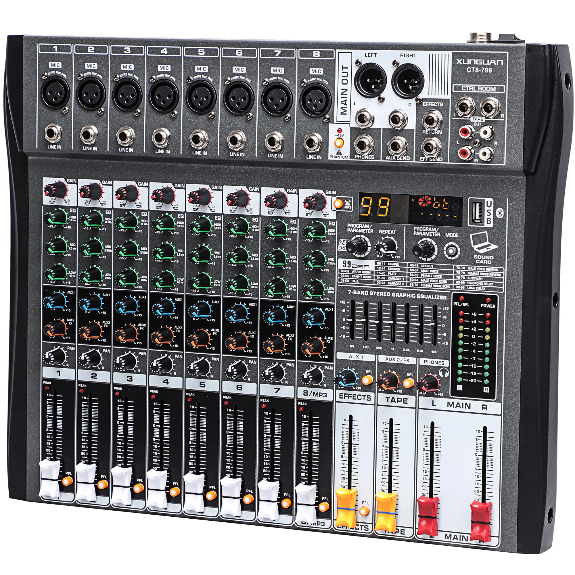 CT8-799 Professional DJ Mixer 8-channel Audio Mixer Sound Board, 99dsp, MP3 7eq,Interface Mixing Console Board for Streaming Kar
CT8-799 Professional DJ Mixer 8-channel Audio Mixer Sound Board, 99dsp, MP3 7eq,Interface Mixing Console Board for Streaming Kar