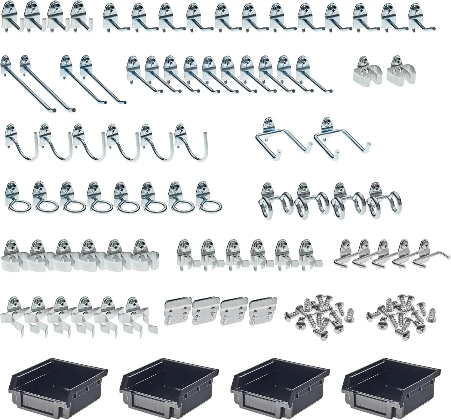 83-Piece Pegboard Hook and Bin Kit for 1/8" and 1/4" Round Hole Pegboard, Zinc Plated Steel Locking Hooks with 4 Plastic Bins
83-Piece Pegboard Hook and Bin Kit for 1/8" and 1/4" Round Hole Pegboard, Zinc Plated Steel Locking Hooks with 4 Plastic Bins