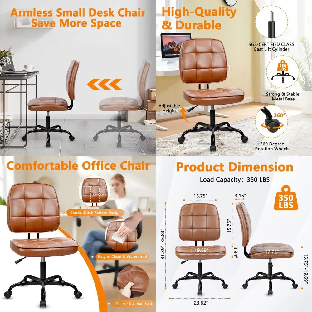 Ergonomic Swivel Desk Chair with Lumbar Support, Adjustable Height, PU Leather, No Arms, Brown
Ergonomic Swivel Desk Chair with Lumbar Support, Adjustable Height, PU Leather, No Arms, Brown