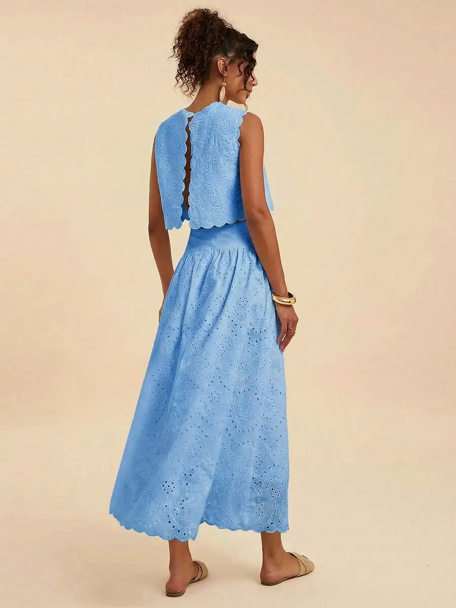 Light Blue Eyelet Cropped Sleeveless Top And High Waist Maxi Skirt Two Piece Set For Women
Light Blue Eyelet Cropped Sleeveless Top And High Waist Maxi Skirt Two Piece Set For Women