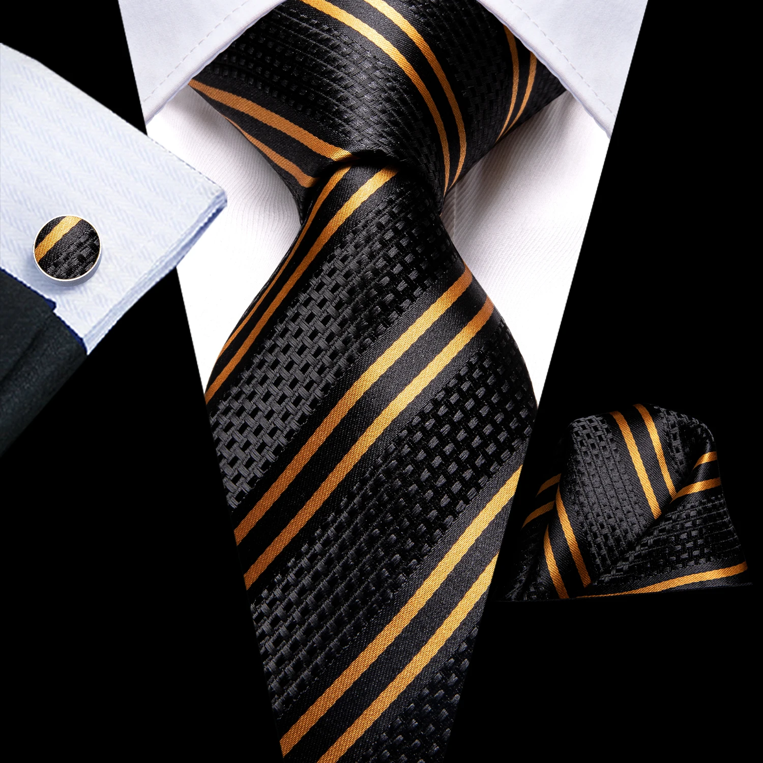 Мужской галстук в черную золотую полоску, носовой платок, запонки, комплект галстука для мужчин, мужские свадебные деловые галстуки, формальный подарок для папы и мужа
Мужской галстук в черную золотую полоску, носовой платок, запонки, комплект галстука для мужчин, мужские свадебные деловые галстуки, формальный подарок для папы и мужа