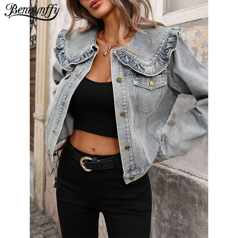 Benuynffy Vintage Peter Pan Collar Short Denim Jacket Women Spring Fall Single-breasted Long Sleeve Casual Female Jean Coats
Benuynffy Vintage Peter Pan Collar Short Denim Jacket Women Spring Fall Single-breasted Long Sleeve Casual Female Jean Coats