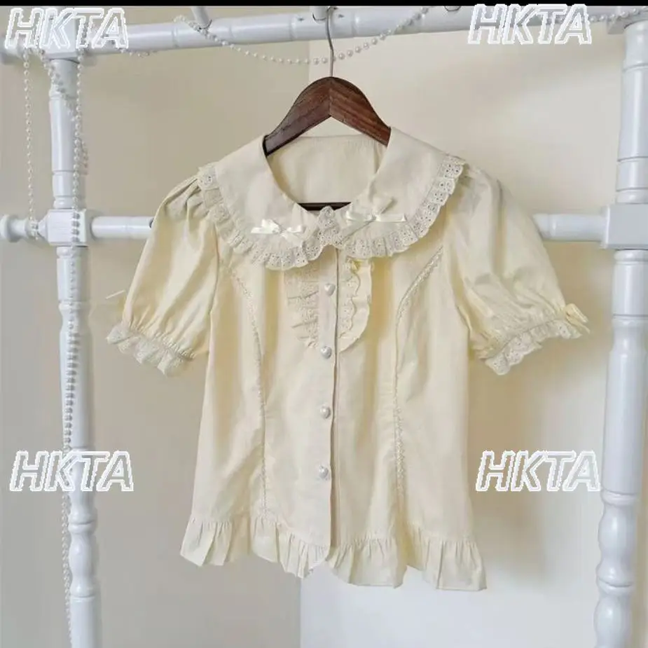 French 2026 Summer Sweet Lace Bow Doll Collar Thin Blusas Bubble Short Sleeved Love Button Ruffle Lolita Shirt White Top Women
French 2026 Summer Sweet Lace Bow Doll Collar Thin Blusas Bubble Short Sleeved Love Button Ruffle Lolita Shirt White Top Women