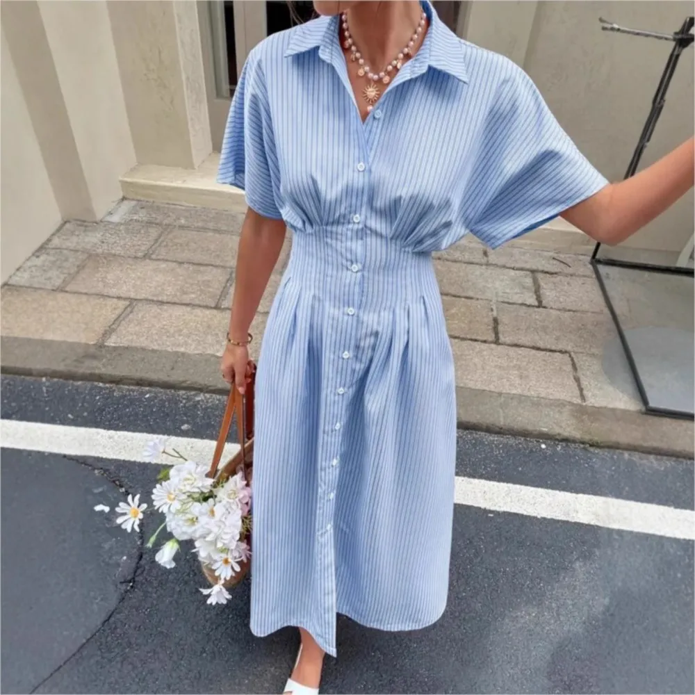 Fashion Striped Dress Short-sleeved Mid-length Spring Summer Women's Pleated Waist Hem Slit Shirt Dress Elegant Party Dresses
Fashion Striped Dress Short-sleeved Mid-length Spring Summer Women's Pleated Waist Hem Slit Shirt Dress Elegant Party Dresses